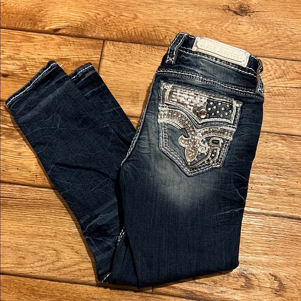 Rock Revival Blue Ankle Cropped Jeans with Intricate Embroidery